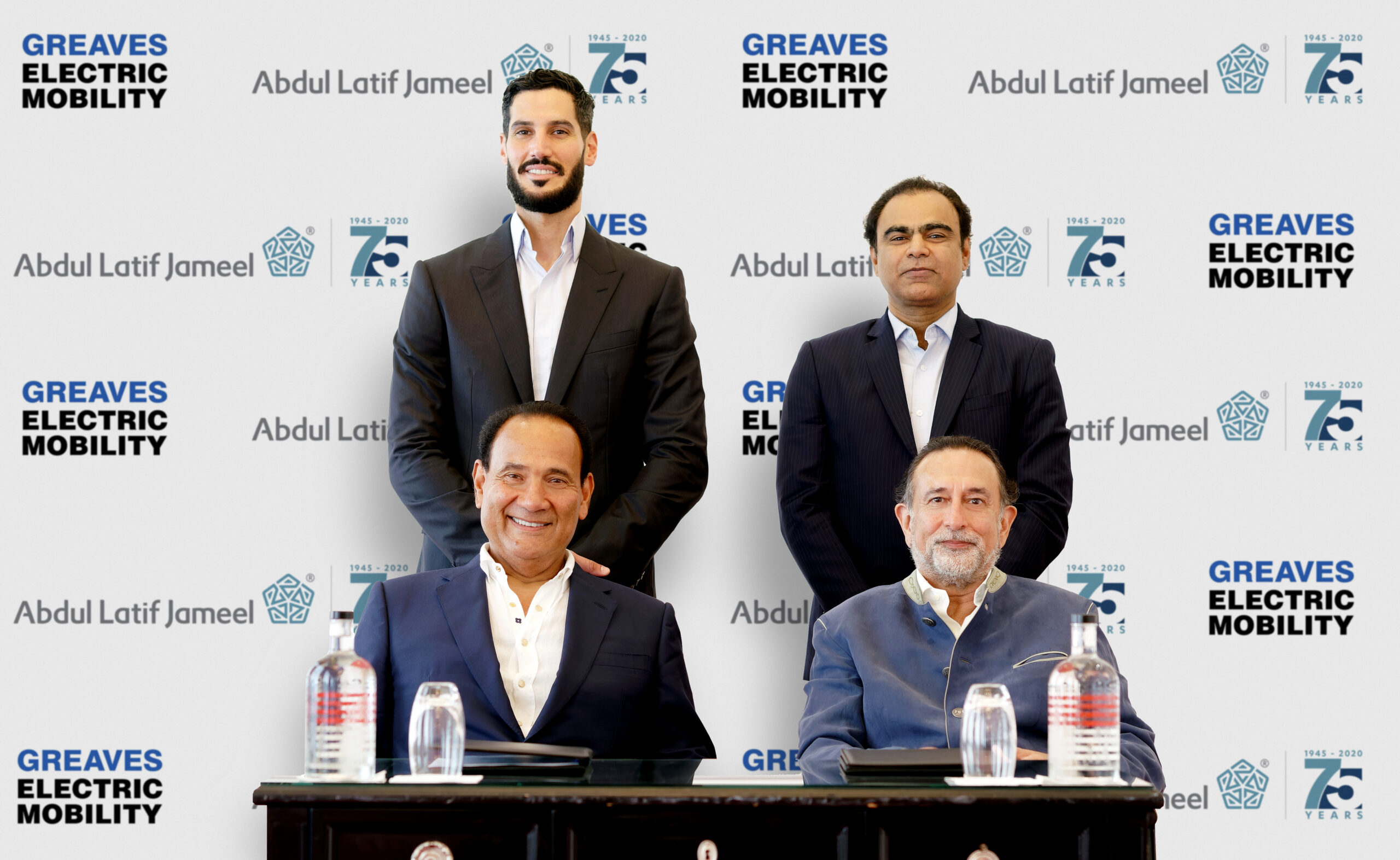 Mr. Mohammed Jameel with Hassan Jameel, Nagesh Basavanhalli and Karan Thapar posing for a picture as Abdul Latif Jameel invests in Greaves Electric Mobility.